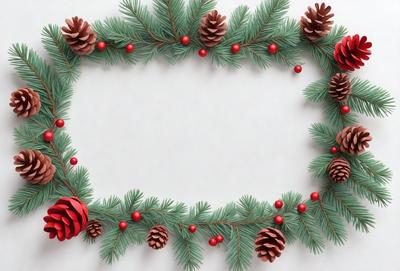 The primary subject of the image is a green wreath with red berries and pinecones. The wreath is placed on a white background, creating a contrast between the greenery and the white surface. The visual style of the image is a combination of photo and digital art, as it appears to be a close-up of the wreath with a slightly blurred background. The colors and mood of the image are predominantly green and red, with the red berries and pinecones adding a